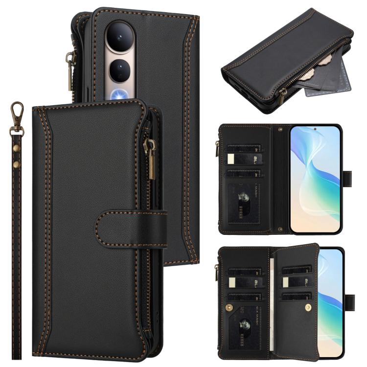 Magnetic Closure 9 Card Slots Zipper Leather Case with Hand Strap, For vivo V60 Lite 5G Global, For vivo Y400 4G, For vivo X200S 5G, For vivo V50 Lite 5G Global / V50 Lite 4G