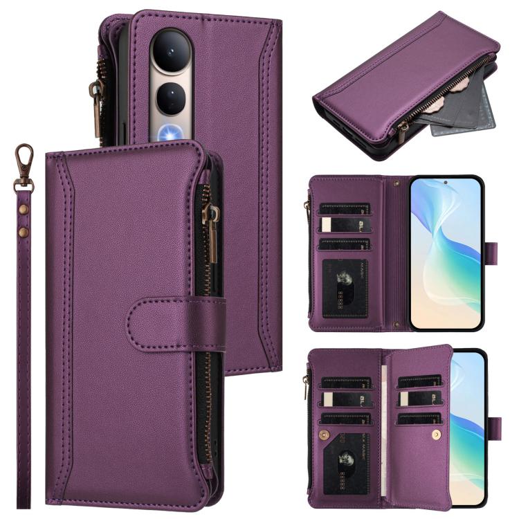 Magnetic Closure 9 Card Slots Zipper Leather Case with Hand Strap, For vivo V60 Lite 5G Global, For vivo Y400 4G, For vivo X200S 5G, For vivo V50 Lite 5G Global / V50 Lite 4G