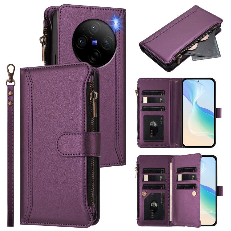 Magnetic Closure 9 Card Slots Zipper Leather Case with Hand Strap, For vivo Y28 4G Global, For vivo Y38 5G Global / T3X 5G Global, For vivo X100 Pro 5G / X100S Pro 5G, For vivo X100S 5G