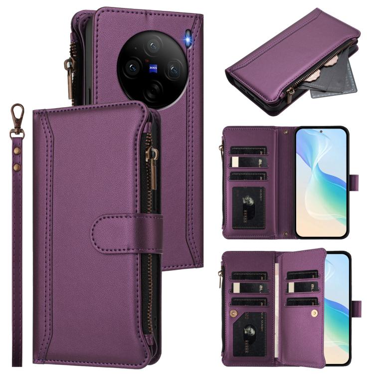 Magnetic Closure 9 Card Slots Zipper Leather Case with Hand Strap, For vivo Y28 4G Global, For vivo Y38 5G Global / T3X 5G Global, For vivo X100 Pro 5G / X100S Pro 5G, For vivo X100S 5G