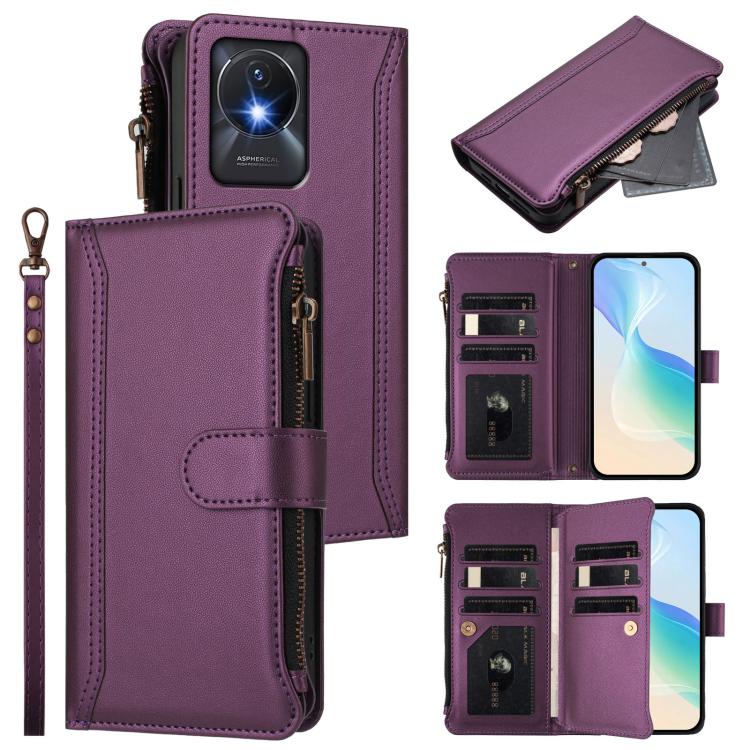 Magnetic Closure 9 Card Slots Zipper Leather Case with Hand Strap, For vivo Y27 4G 2023, For vivo Y02A 4G / Y02 4G / Y11 2023 / Y02T, For vivo V27 5G Global / V27 Pro 5G Global, For vivo V27E 4G Global / T2 4G Global