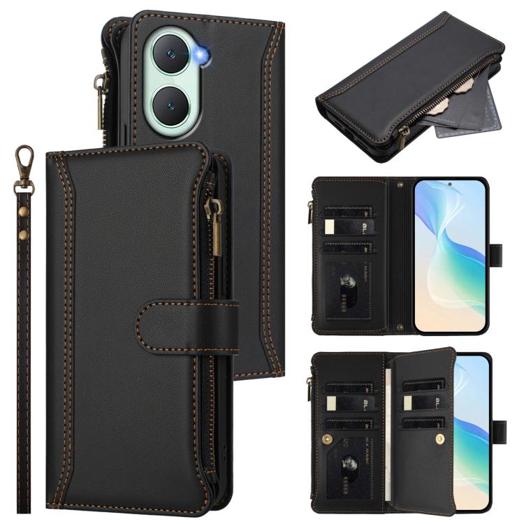 Magnetic Closure 9 Card Slots Zipper Leather Case with Hand Strap, For vivo iQOO Z9s Pro 5G India, For vivo Y03 4G Global / Y18 4G Global, For vivo V40 Lite 5G Global / V30e 5G Global, For vivo S19