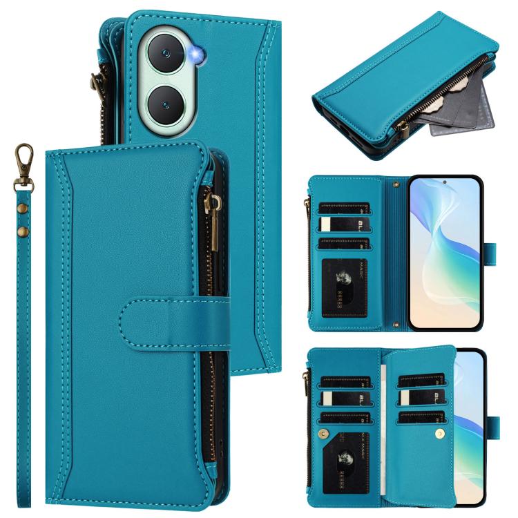 Magnetic Closure 9 Card Slots Zipper Leather Case with Hand Strap, For vivo iQOO Z9s Pro 5G India, For vivo Y03 4G Global / Y18 4G Global, For vivo V40 Lite 5G Global / V30e 5G Global, For vivo S19