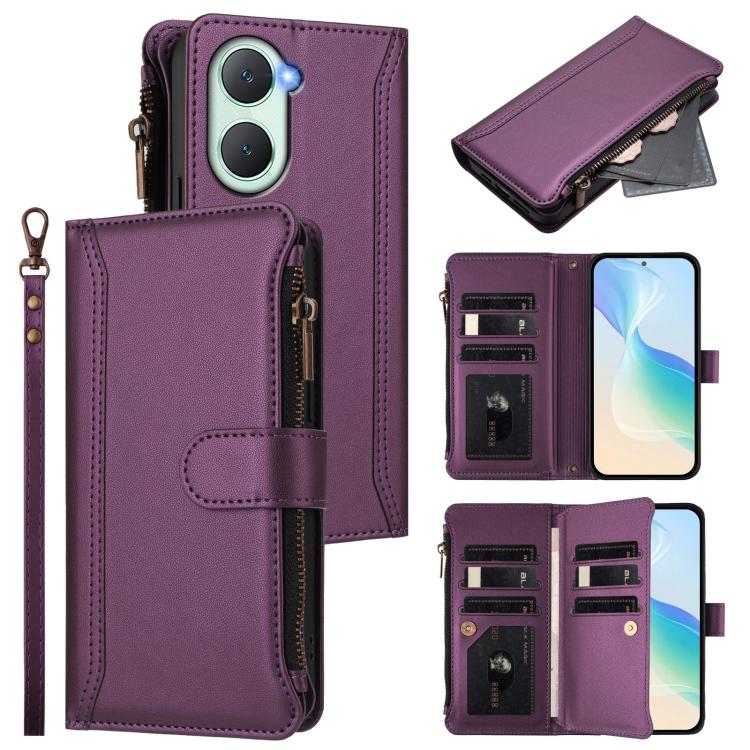 Magnetic Closure 9 Card Slots Zipper Leather Case with Hand Strap, For vivo iQOO Z9s Pro 5G India, For vivo Y03 4G Global / Y18 4G Global, For vivo V40 Lite 5G Global / V30e 5G Global, For vivo S19