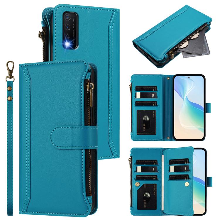 Magnetic Closure 9 Card Slots Zipper Leather Case with Hand Strap, For vivo iQOO Z9X, For vivo Y20 / Y20i / Y20S / Y11S, For vivo iQOO Z9 5G / Z9 Turbo 5G, For vivo V30 5G Global