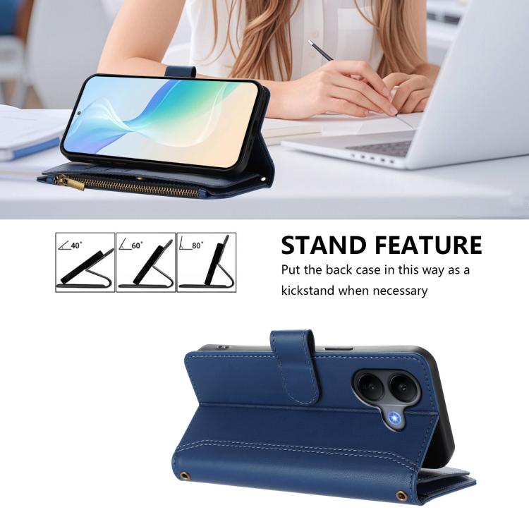 Magnetic Closure 9 Card Slots Zipper Leather Case with Hand Strap, For vivo V60 Lite 5G Global, For vivo Y400 4G, For vivo X200S 5G, For vivo V50 Lite 5G Global / V50 Lite 4G