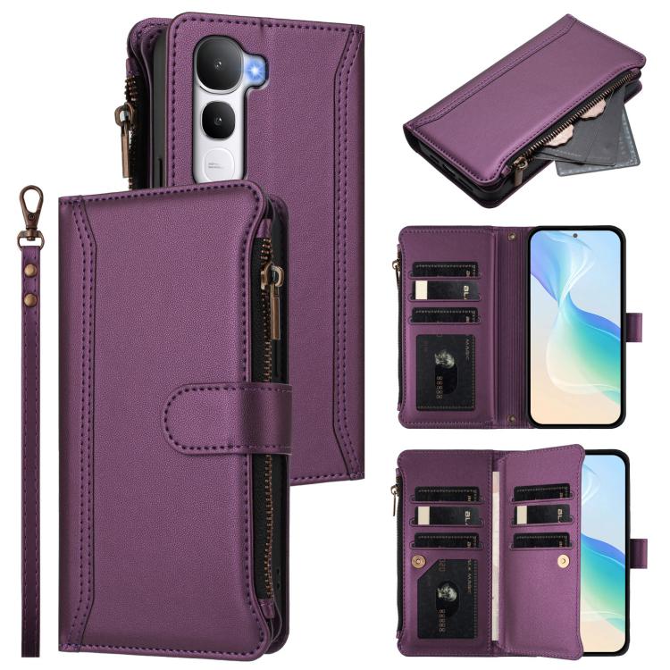 Magnetic Closure 9 Card Slots Zipper Leather Case with Hand Strap, For vivo V60 Lite 5G Global, For vivo Y400 4G, For vivo X200S 5G, For vivo V50 Lite 5G Global / V50 Lite 4G