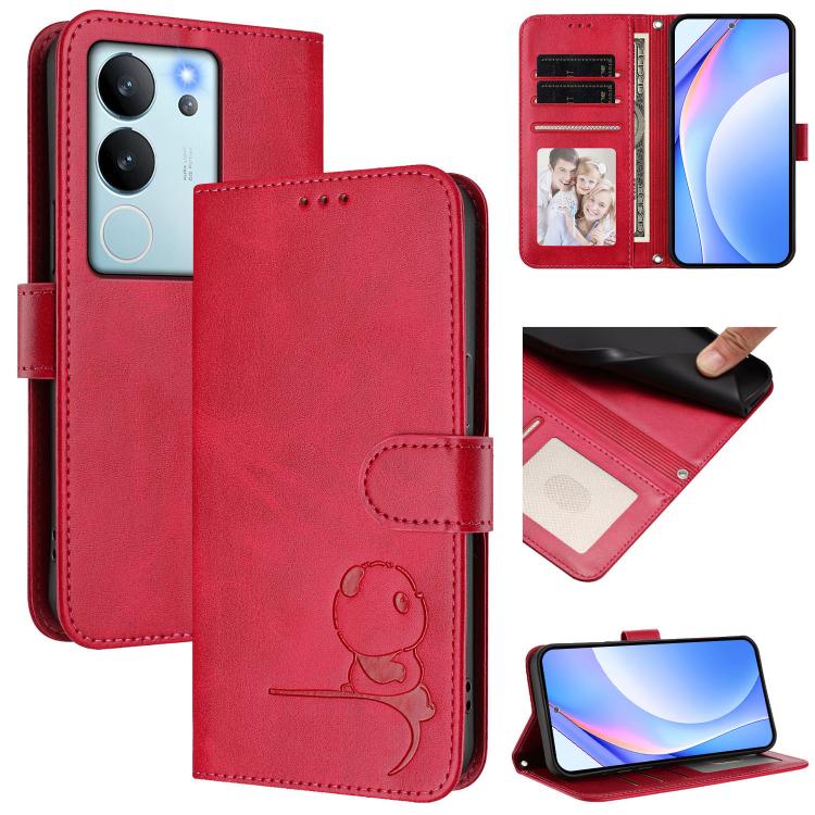 Litter Panda Embossing RFID Leather Phone Case with Lanyard, For vivo iQOO Z9 / Z9 Turbo, For vivo V30 / V30 Pro, For vivo V29e / Y200 5G / V30 Lite 5G, For vivo Y36 5G / 4G / India