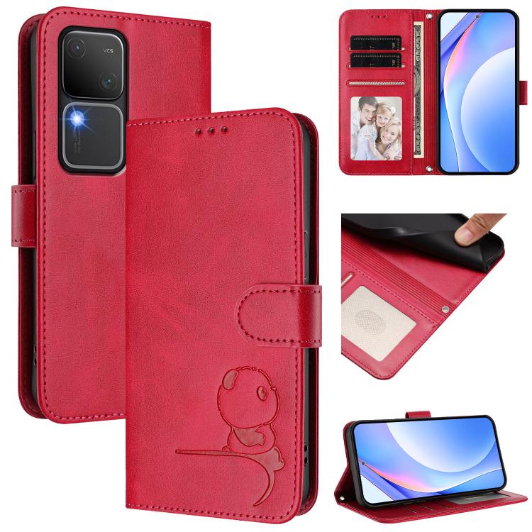 Litter Panda Embossing RFID Leather Phone Case with Lanyard, For vivo iQOO Z9 / Z9 Turbo, For vivo V30 / V30 Pro, For vivo V29e / Y200 5G / V30 Lite 5G, For vivo Y36 5G / 4G / India