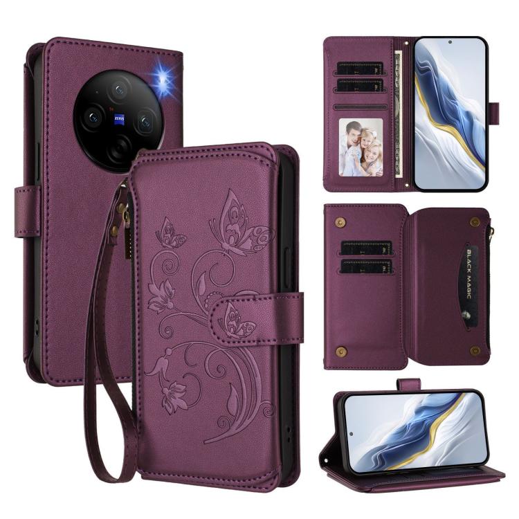 Butterfly Love Flower Multi-card Zipper Wallet Leather Phone Case, For vivo Y38 5G Global / T3X 5G, For vivo X100 Pro / X100s Pro, For vivo X100s 5G