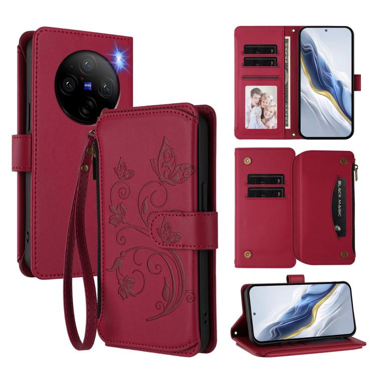 Butterfly Love Flower Multi-card Zipper Wallet Leather Phone Case, For vivo X100 5G, For vivo S17 / S17 Pro 5G / S17t 5G, For vivo Y27 4G 2023 Global / Y35M+