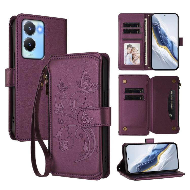 Butterfly Love Flower Multi-card Zipper Wallet Leather Phone Case, For vivo Y56 5G Global / Y16 4G Global, For vivo S16 / V27 5G / V27 Pro 5G, For vivo S16e 5G / V27e 4G / T2 4G