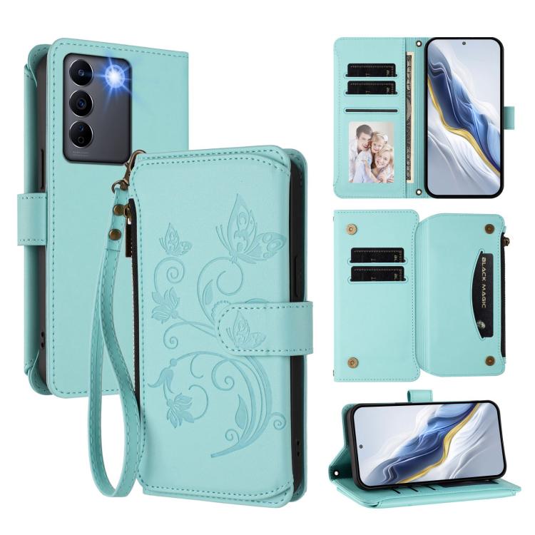 Butterfly Love Flower Multi-card Zipper Wallet Leather Phone Case, For vivo Y56 5G Global / Y16 4G Global, For vivo S16 / V27 5G / V27 Pro 5G, For vivo S16e 5G / V27e 4G / T2 4G
