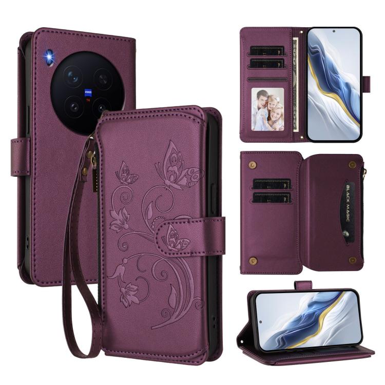 Butterfly Love Flower Multi-card Zipper Wallet Leather Phone Case, For vivo X300 Pro, For vivo X300, For vivo Y31 5G Global
