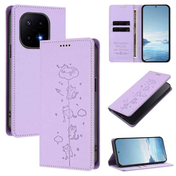 Cute Cats Embossed Magnetic RFID Vegan Leather Phone Case, For vivo Y500 Pro 5G, For vivo iQOO 15 5G