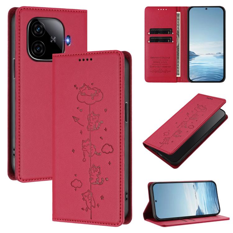 Cute Cats Embossed Magnetic RFID Vegan Leather Phone Case, For vivo iQOO Z9x, For vivo iQOO Z9 5G / Z9 Turbo 5G
