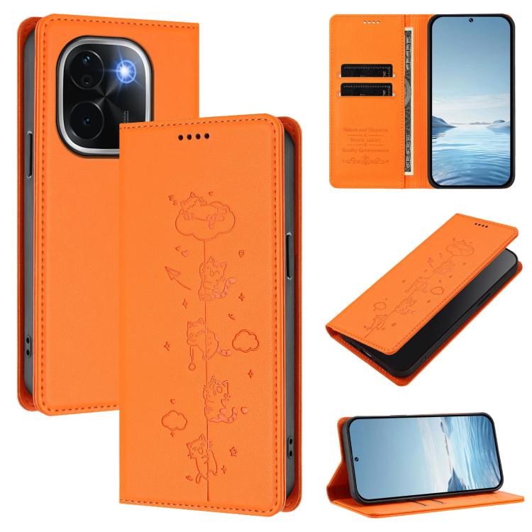 Cute Cats Embossed Magnetic RFID Vegan Leather Phone Case, For vivo V40 / V40 Pro / T3 Ultra 5G, For vivo iQOO Z9s Pro / T3 Pro 5G India