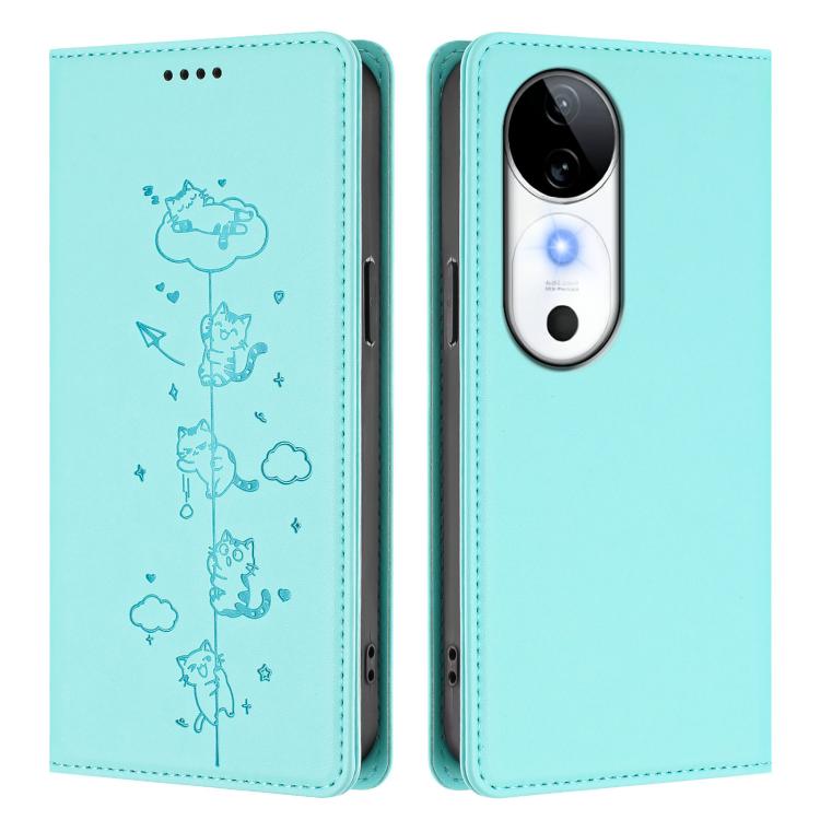 Cute Cats Embossed Magnetic RFID Vegan Leather Phone Case, For vivo S19, For vivo Y28 4G