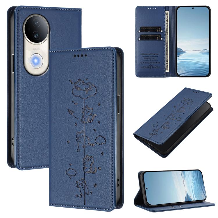 Cute Cats Embossed Magnetic RFID Vegan Leather Phone Case, For vivo Y29 5G India / Y19s 4G, For vivo S20 5G