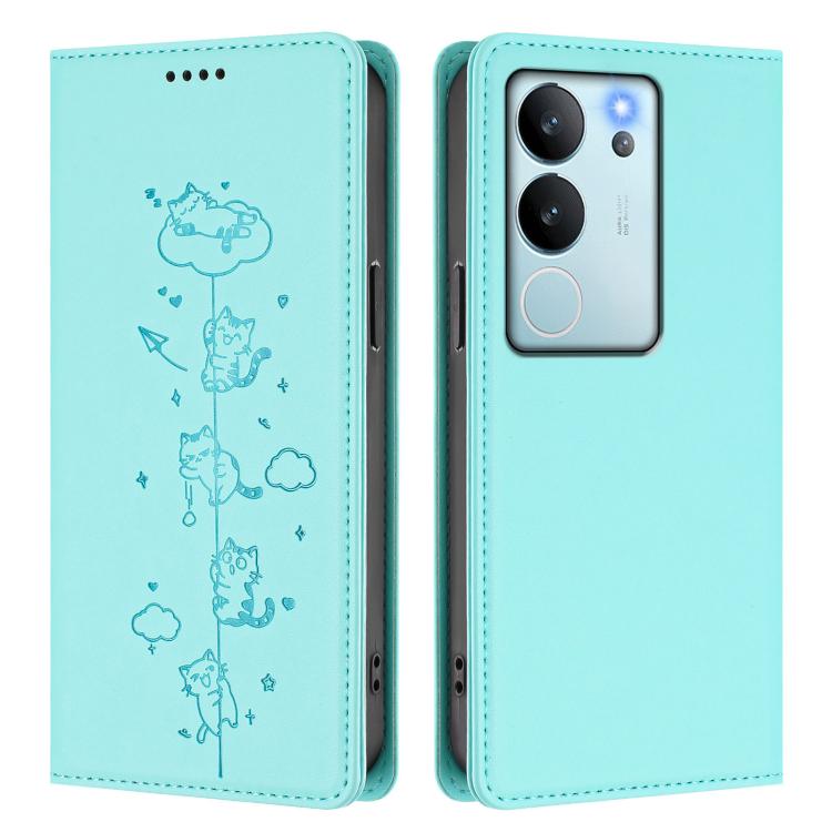 Cute Cats Embossed Magnetic RFID Vegan Leather Phone Case, For vivo V29e / Y200 / V30 Lite 5G, For vivo X100 Pro 5G
