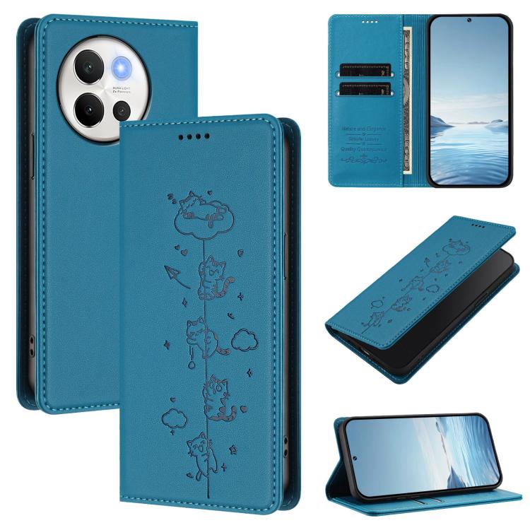 Cute Cats Embossed Magnetic RFID Vegan Leather Phone Case, For vivo Y03 4G / Y18 4G / Y28s 5G, For vivo V40 Lite / V30e 5G