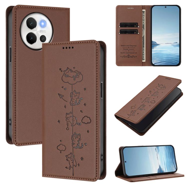 Cute Cats Embossed Magnetic RFID Vegan Leather Phone Case, For vivo Y03 4G / Y18 4G / Y28s 5G, For vivo V40 Lite / V30e 5G