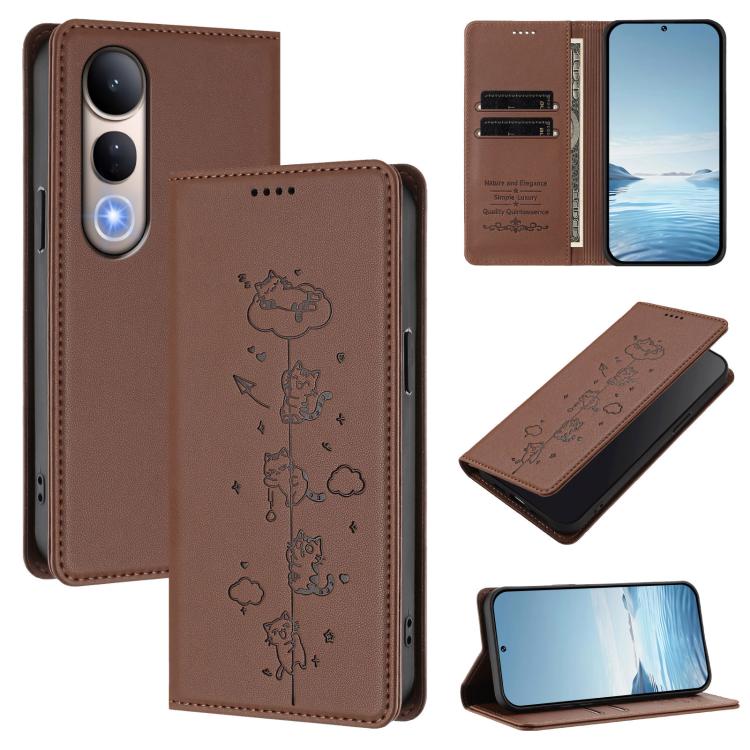 Cute Cats Embossed Magnetic RFID Vegan Leather Phone Case, For vivo V50 5G / V50e 5G, For vivo V50 Lite 5G / 4G