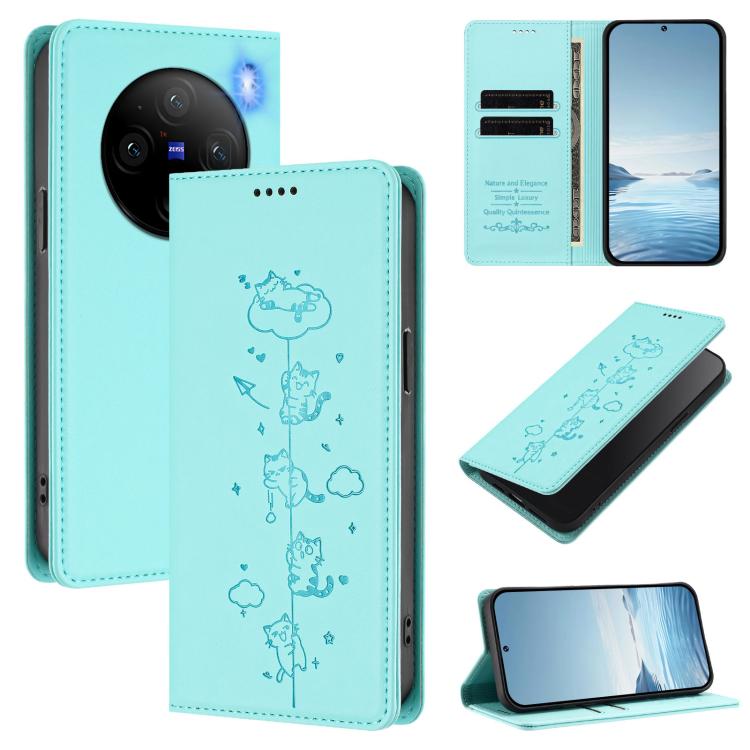 Cute Cats Embossed Magnetic RFID Vegan Leather Phone Case, For vivo X100 5G, For vivo Y36 4G / Y27s 4G