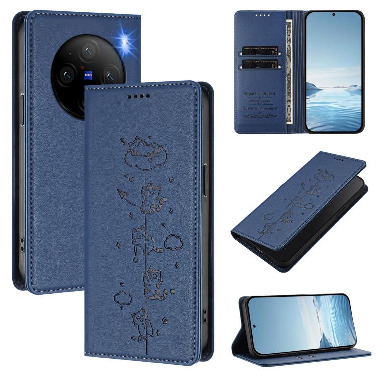 Cute Cats Embossed Magnetic RFID Vegan Leather Phone Case, For vivo X100 5G, For vivo Y36 4G / Y27s 4G