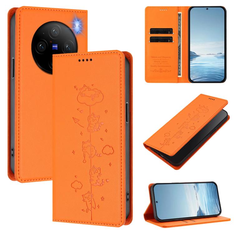 Cute Cats Embossed Magnetic RFID Vegan Leather Phone Case, For vivo V29e / Y200 / V30 Lite 5G, For vivo X100 Pro 5G