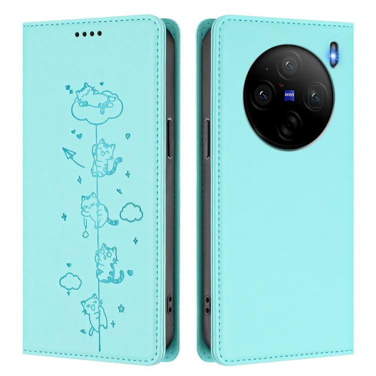 Cute Cats Embossed Magnetic RFID Vegan Leather Phone Case, For vivo X100s 5G, For vivo Y38 5G / T3x 5G