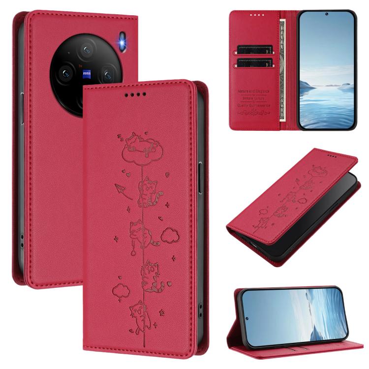Cute Cats Embossed Magnetic RFID Vegan Leather Phone Case, For vivo X100s 5G, For vivo Y38 5G / T3x 5G