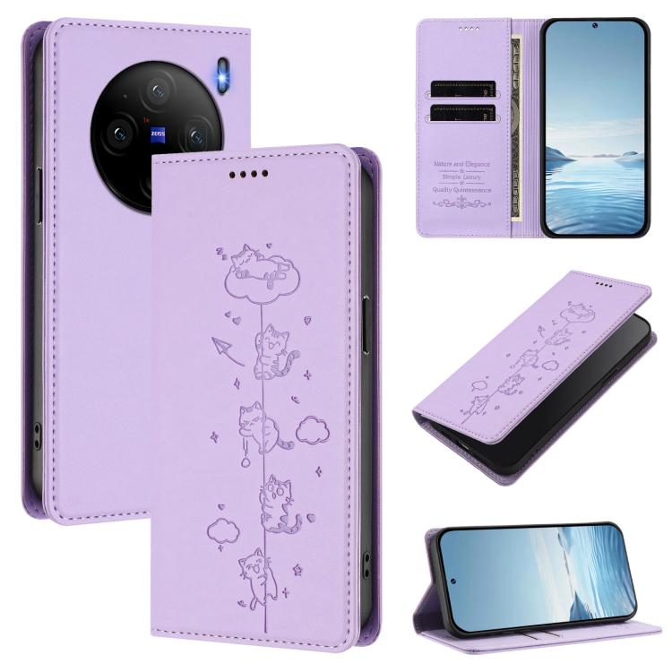 Cute Cats Embossed Magnetic RFID Vegan Leather Phone Case, For vivo X100s 5G, For vivo Y38 5G / T3x 5G