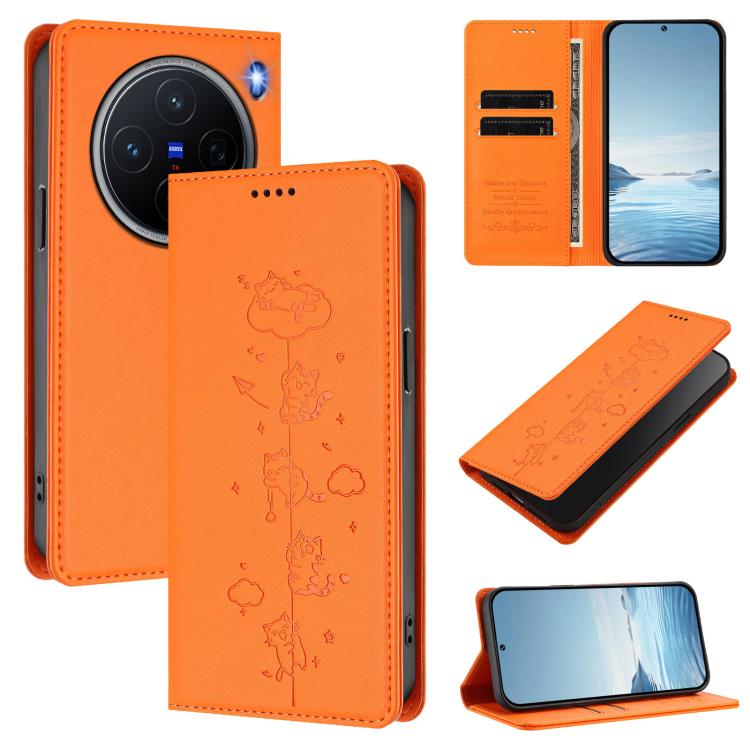 Cute Cats Embossed Magnetic RFID Vegan Leather Phone Case, For vivo X200 5G, For vivo X200 Pro mini