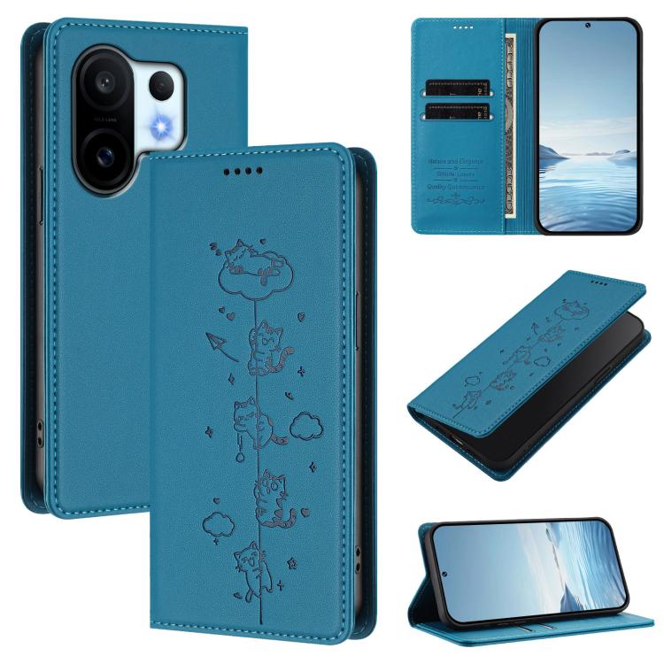 Cute Cats Embossed Magnetic RFID Vegan Leather Phone Case, For vivo X200 FE, For vivo Y29s 5G / Y19 5G India