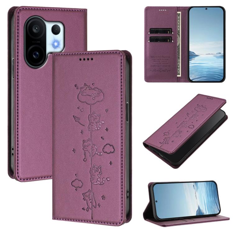 Cute Cats Embossed Magnetic RFID Vegan Leather Phone Case, For vivo X200 FE, For vivo Y29s 5G / Y19 5G India