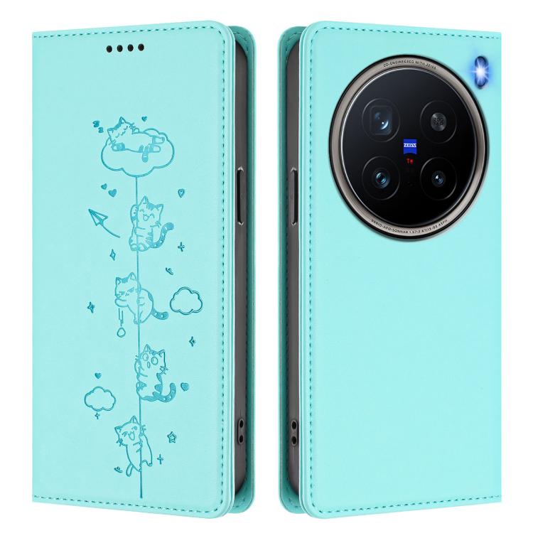 Cute Cats Embossed Magnetic RFID Vegan Leather Phone Case, For vivo X200 Pro 5G, For vivo V40e 5G India / iQOO Z9s 5G