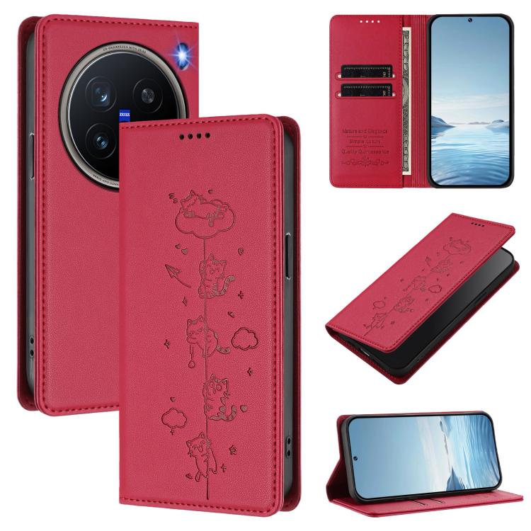 Cute Cats Embossed Magnetic RFID Vegan Leather Phone Case, For vivo X200 Pro 5G, For vivo V40e 5G India / iQOO Z9s 5G