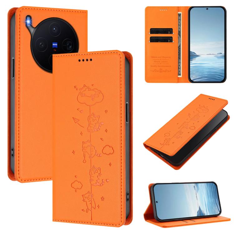 Cute Cats Embossed Magnetic RFID Vegan Leather Phone Case, For vivo X300 Pro, For vivo X300
