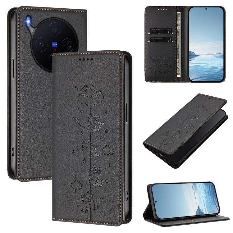Cute Cats Embossed Magnetic RFID Vegan Leather Phone Case, For vivo X300 Pro, For vivo X300