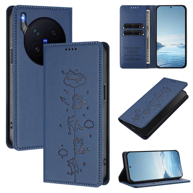 Cute Cats Embossed Magnetic RFID Vegan Leather Phone Case, For vivo X300 Pro, For vivo X300