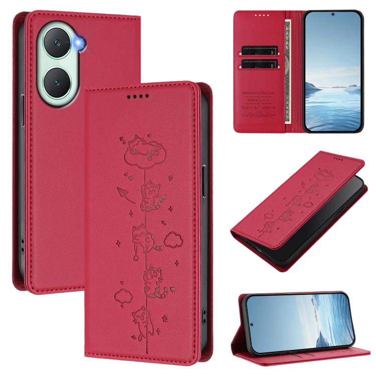 Cute Cats Embossed Magnetic RFID Vegan Leather Phone Case, For vivo Y03 4G / Y18 4G / Y28s 5G, For vivo V40 Lite / V30e 5G