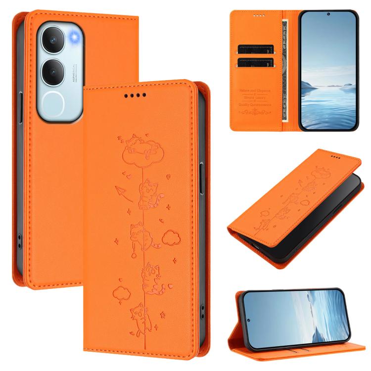 Cute Cats Embossed Magnetic RFID Vegan Leather Phone Case, For vivo Y29 5G India / Y19s 4G, For vivo S20 5G