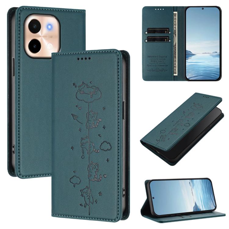 Cute Cats Embossed Magnetic RFID Vegan Leather Phone Case, For vivo S19, For vivo Y28 4G
