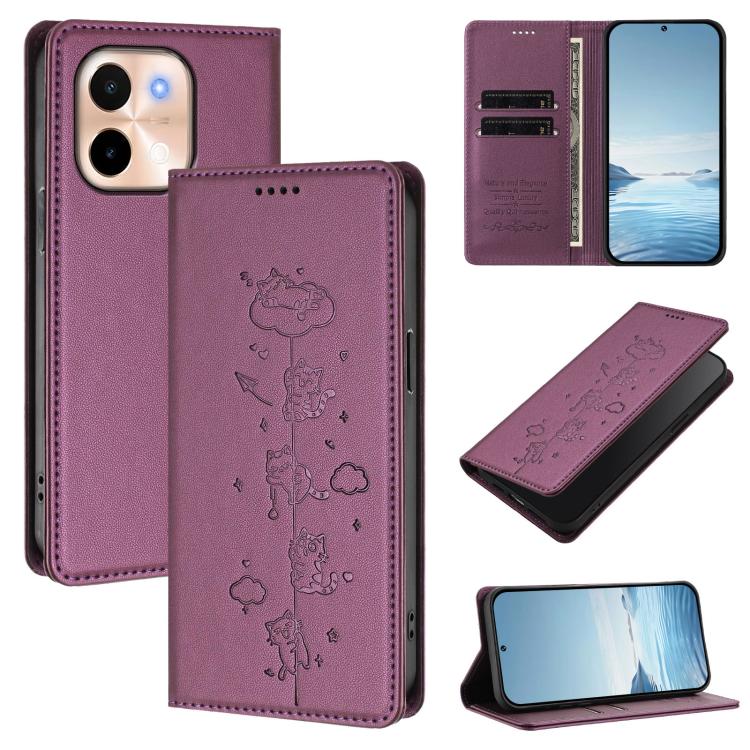 Cute Cats Embossed Magnetic RFID Vegan Leather Phone Case, For vivo S19, For vivo Y28 4G