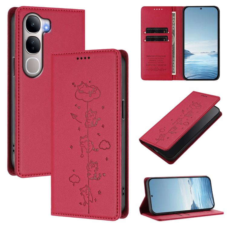 Cute Cats Embossed Magnetic RFID Vegan Leather Phone Case, For vivo Y31 5G, For vivo V60 Lite 5G