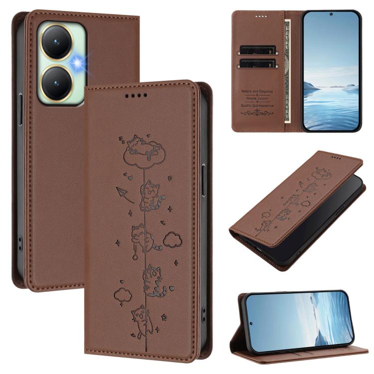 Cute Cats Embossed Magnetic RFID Vegan Leather Phone Case, For vivo Y55s 5G / Y55 5G / Y75 5G, For vivo Y27 4G 2023
