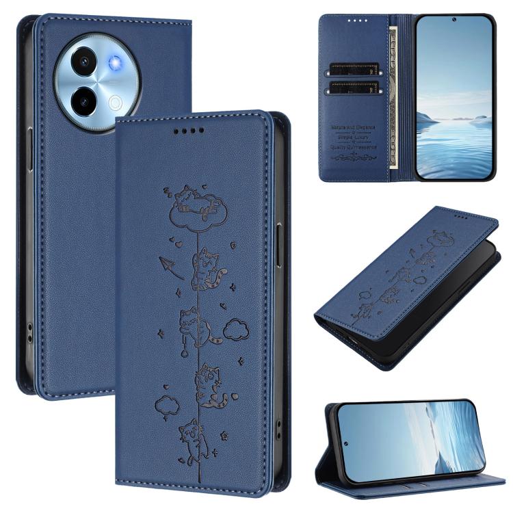 Cute Cats Embossed Magnetic RFID Vegan Leather Phone Case, For vivo X100s 5G, For vivo Y38 5G / T3x 5G