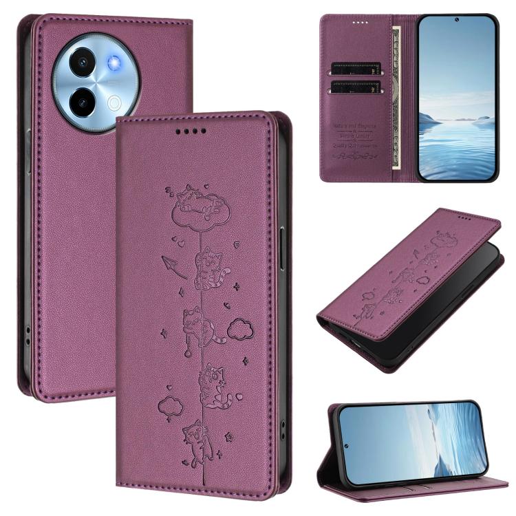 Cute Cats Embossed Magnetic RFID Vegan Leather Phone Case, For vivo X100s 5G, For vivo Y38 5G / T3x 5G