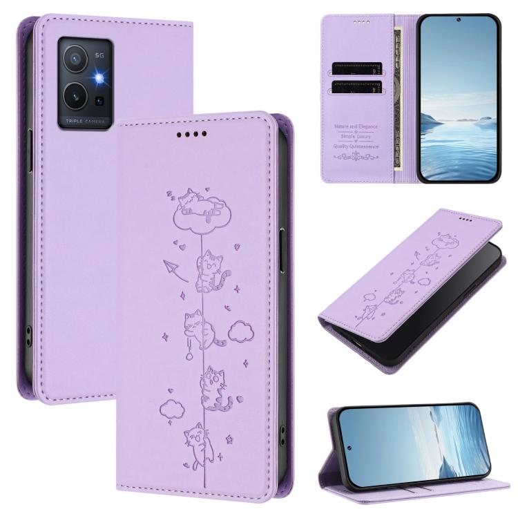 Cute Cats Embossed Magnetic RFID Vegan Leather Phone Case, For vivo Y55s 5G / Y55 5G / Y75 5G, For vivo Y27 4G 2023